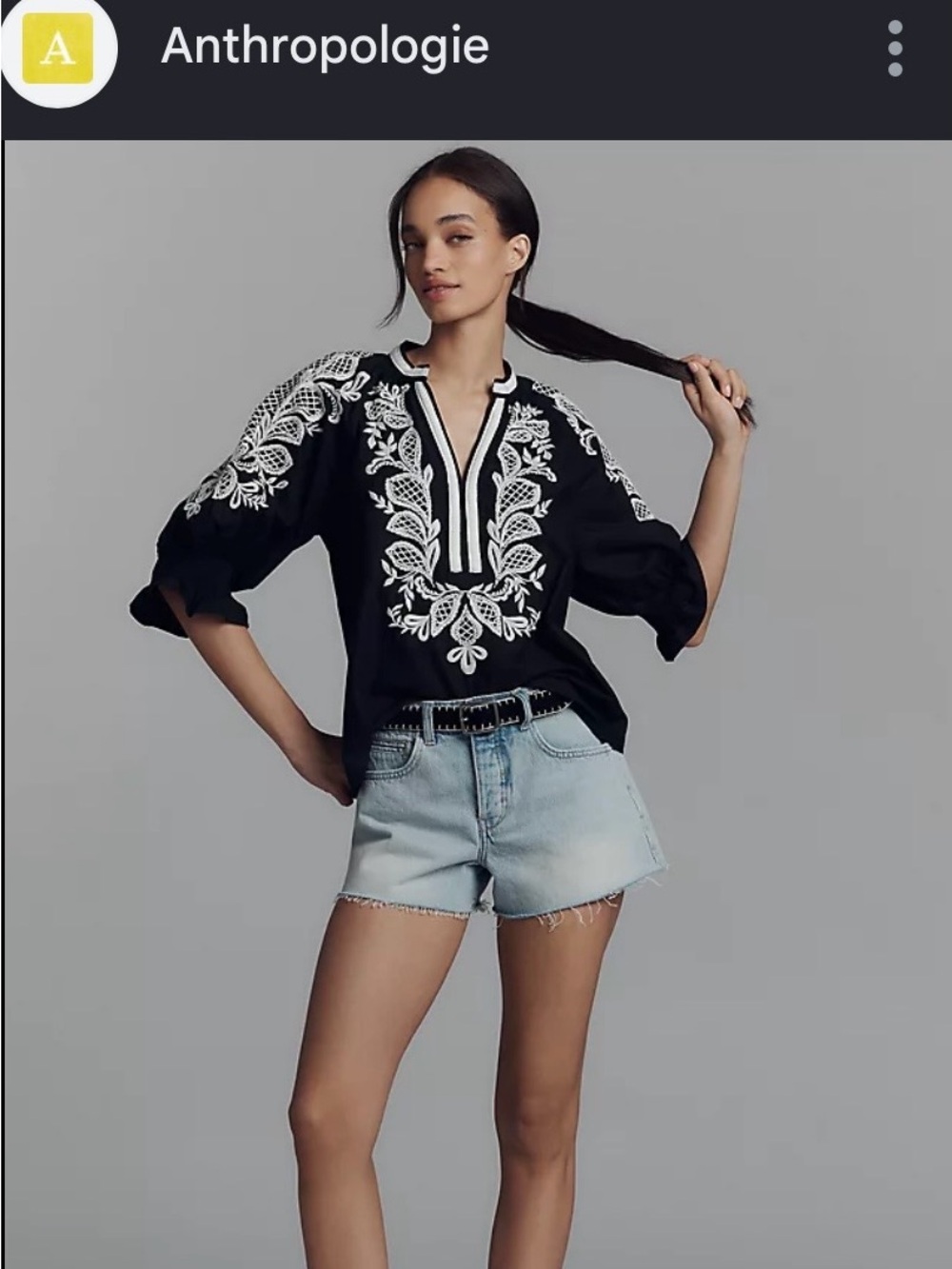 Maeve Black Peasant Top with White Embroidery